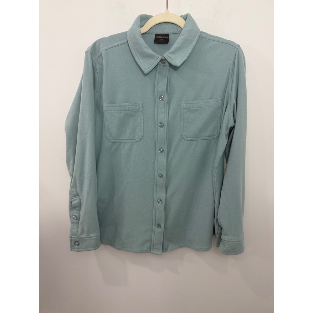 32 Degrees Heat Womens Sage Green Blue Stretch Button Down Shirt Size Medium